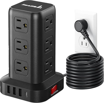 Extension Cord with Multiple Outlets, SMALLRT Surge Protector Tower, PD 20W USB C, Power Strip with USB Ports 12 AC Outlets, 10FT Outlet Extender for Home Dorm, Office Supplies, Overload Protection