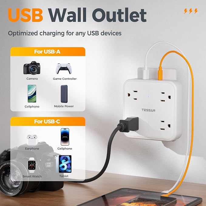 TESSAN Multi Plug Outlet Extender, Surge Protector Splitter | 3 USB (1 USB C Port) Wall Charger, Multiple Expander Surge Protector for Travel, Home, College Dorm Room, White