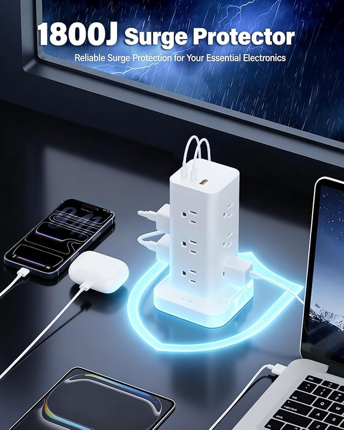 2Pack Power Strip Tower with Surge Protector 1800J, Fast Charging Tower PD20W USB-C Ports with 12 AC Outlets, 10ft Extension Cord for Home Office Dorm Room, White