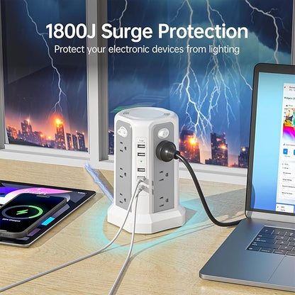 Surge Protector Power Strip Tower with PD18W USB C Port,10FT Extension Cord with 12 AC Mutiple Outlets 5 USB Charging Ports, PASSUS Power Tower Surge Protection for Home Office Dorm Room