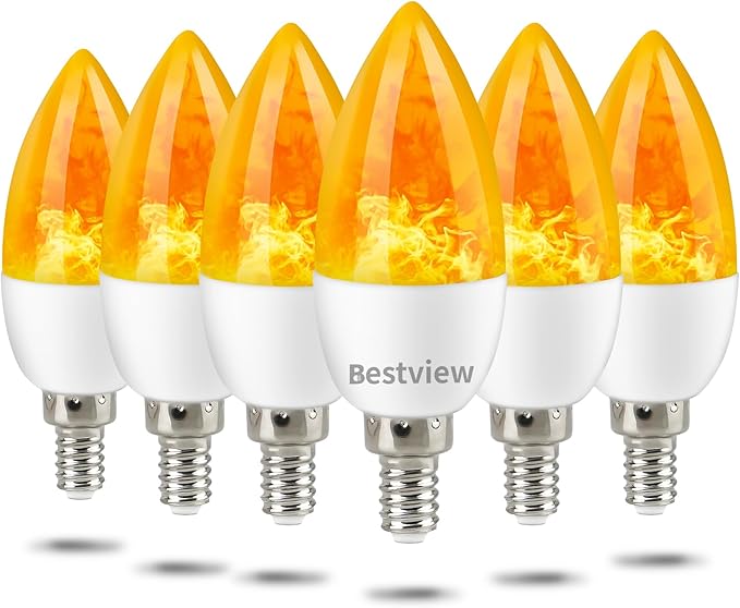 Bestview Flickering Light Bulbs,3 Modes Led Flame Effect Light Bulb, Smart E12 Chandelier Base Candle Fire Light Bulb for Halloween, Christmas,Party, Porch, Indoor&Outdoor Home Decoration -6 Pack