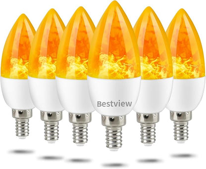 Bestview Flickering Light Bulbs,3 Modes Led Flame Effect Light Bulb, Smart E12 Chandelier Base Candle Fire Light Bulb for Halloween, Christmas,Party, Porch, Indoor&Outdoor Home Decoration -6 Pack