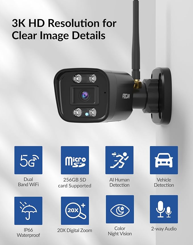 FOSCAM 3K 5MP Outdoor Camera Wireless, 5GHz&2.4GHz WiFi Camera for Home Security, 120° FoV Outside Surveillance Camera, AI Human/Vehicle Detection, 66FT Color Night Vision, 120dB Siren, IP66