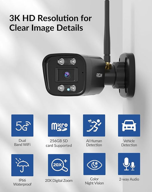 FOSCAM 3K 5MP Outdoor Camera Wireless, 5GHz&2.4GHz WiFi Camera for Home Security, 120° FoV Outside Surveillance Camera, AI Human/Vehicle Detection, 66FT Color Night Vision, 120dB Siren, IP66