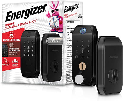 Energizer Smart Door Lock, Deadbolt with Keyless Fingerprint Entry, App Control, Anti-Peep Passcode Touchscreen, 2 Key Fobs & 2 Keys, Holds 50 Fingerprints, One-Touch & Auto-Lock, Doorbell