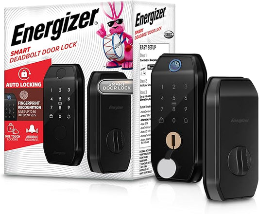 Energizer Smart Door Lock, Deadbolt with Keyless Fingerprint Entry, App Control, Anti-Peep Passcode Touchscreen, 2 Key Fobs & 2 Keys, Holds 50 Fingerprints, One-Touch & Auto-Lock, Doorbell