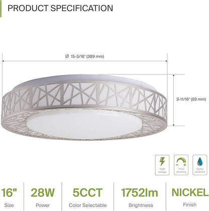 ASD 16 Inch LED Flush Mount Ceiling Light Fixture for Bedroom, 28W 1752LM 5CCT 2700K-5000K, Dimmable Lights, Dining, Living Room, Kitchen Lamps, Modern Home Lighting Fixtures, Nickel, ETL, 4 Pack