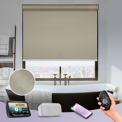 Graywind Motorized Roller Shade Blinds 100% Blackout Shades Cordless Waterproof Remote Control Window Automated Blinds with Valance Custom Size for Smart Home and Office, Coffee