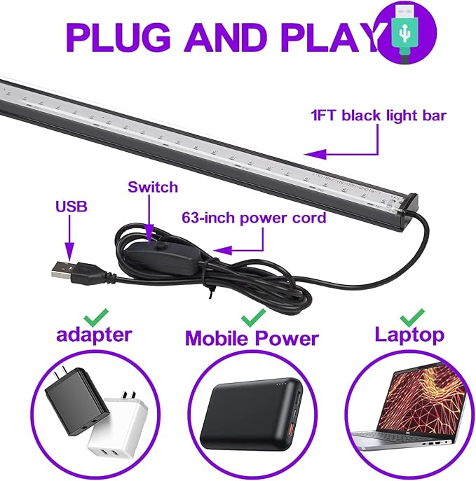 roperry Black Light Bar 10W 1ft LED Blacklight for Fluorescent Tapestry Poster Body Paint Glow Party UV Strip Lights for Cabinet and Display Magnetic (2 Pack)