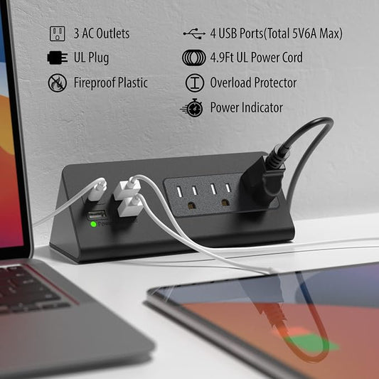 Nightstand Edge Mount Power Strip with USB-C Ports Tabletop Surge Protector Desk Clamp Power Sockets with 3 AC Outlets &4 Fast Charging USB Ports for Home Office Hotel and Dormitory (Black(2-Pack))