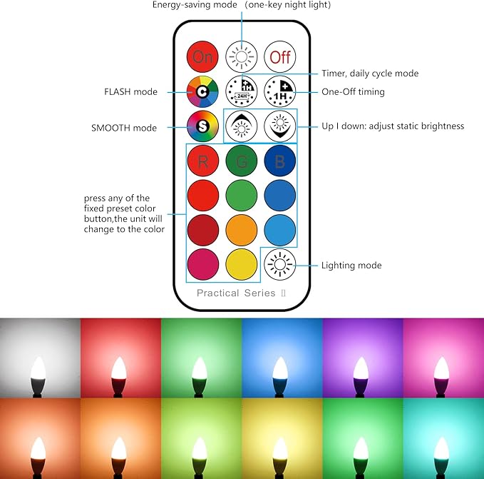E12 LED Bulb Color Changing Candelabra Light Bulb with Remote Control, 50W Incandescent Equivalent, 560 Lumen,Cool White 5000K + 12 Colors, 5W E12 Small Base, Decorative Chandelier Light Bulb, 12 Pack