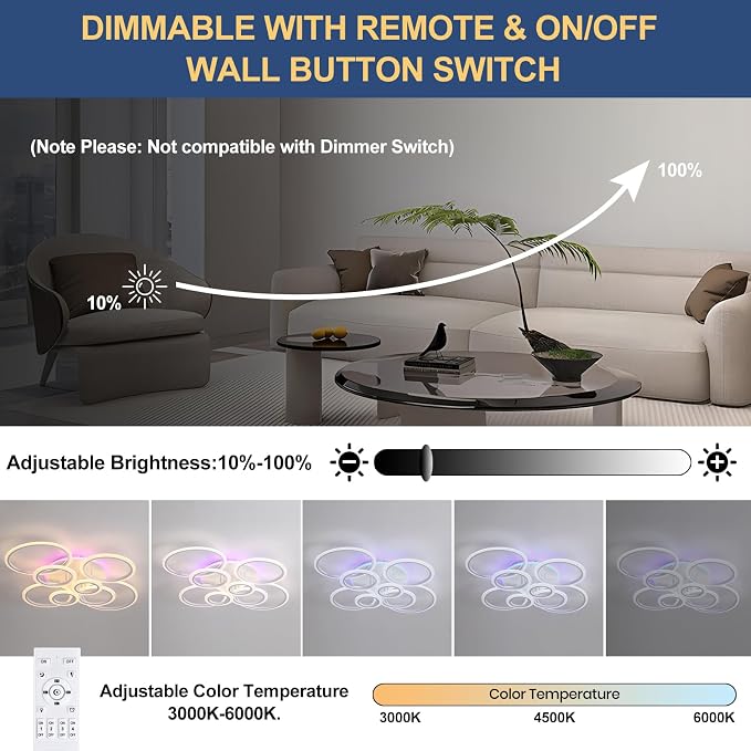 80W LED Ceiling Light, Dimmable 8-Ring Flush Mount Fixture, White | 41.3" Modern Ceiling Light with Remote, 4800LM, 3000K-6000K Tunable White & 3-Color Backlight for Living Room Bedroom Kitchen
