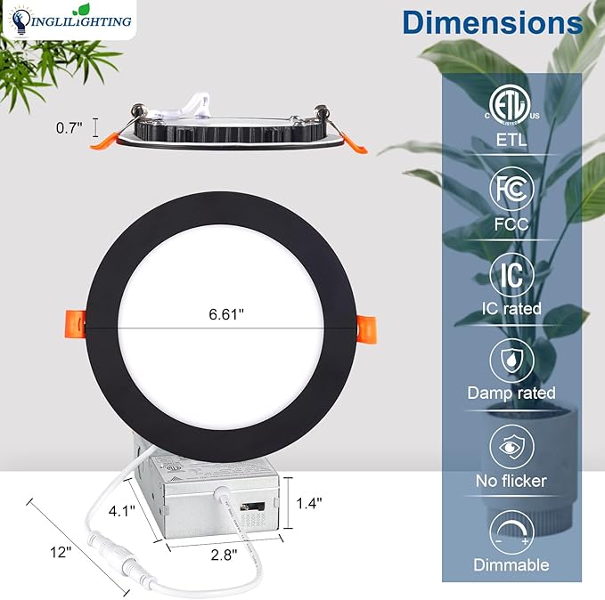 DLLT LED Recessed Ceiling Light: 6 Pack 8 Inch Slim Recessed Lighting for Kitchen - 5CCT Dimmable Canless Wafer Downlight for Living Room - 1800LM Brightness 18W LED Can Lights for Bedroom ETL FCC