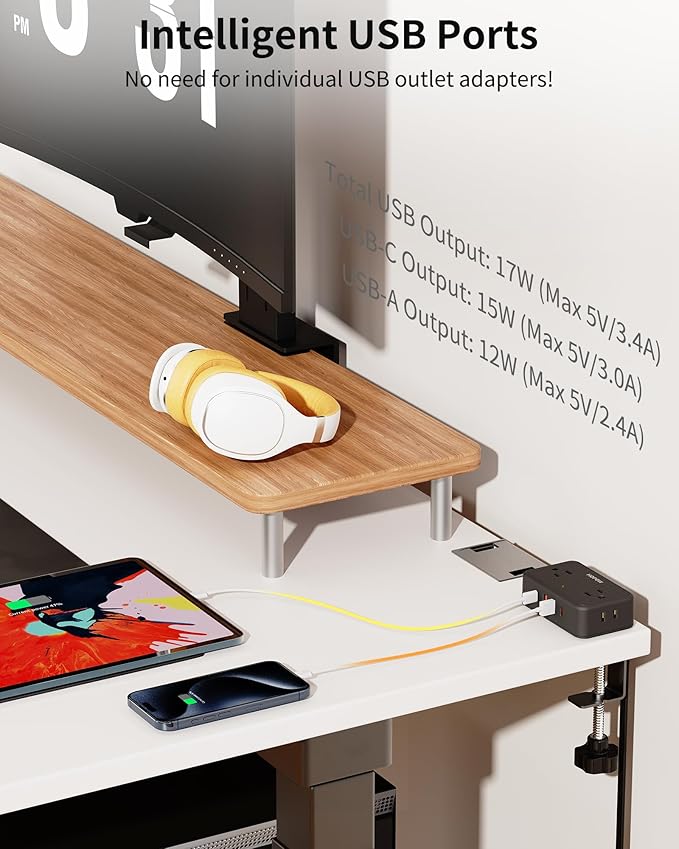 HOPOW Desk Clamp Power Strip, 2 Pack Desktop Mount Charging Station with 4 Outlets 4 USB Ports (2 USB C), 10Ft Under Desk Power Strip, Fits 2.75" Tabletop Edge, Extension Cord for Home Office, Black