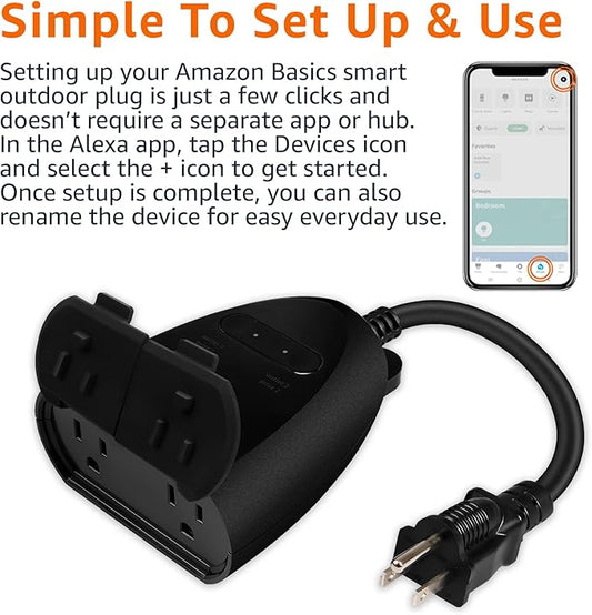 Amazon Basics Outdoor Smart Plug with 2 Individually Controlled Outlets, Works with Alexa Only, Voice Control, Weather Resistant, 2.4 GHz Wi-Fi, No Hub Required, Black