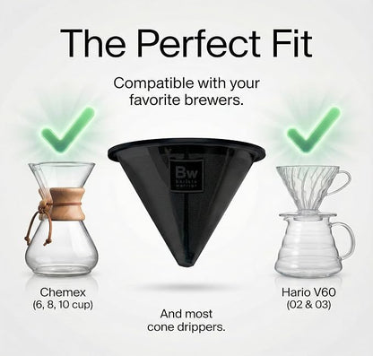 Barista Warrior Reusable Coffee Filter - Stainless Steel Pour Over Dripper, Compatible for Chemex, Hario V60 & Drippers, Easy to Clean Flavorful Brew Fine Mesh Coffee Filter - Black Titanium