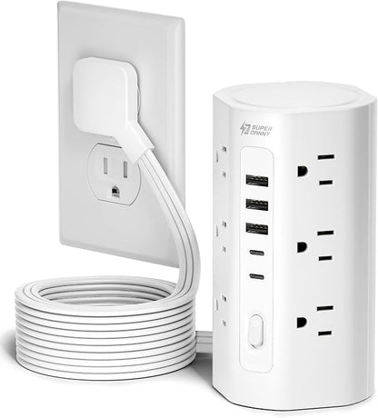 SUPERDANNY Tower Power Strip, 10Ft Extension Cord, 1700J, 12 AC 5 USB,White | 3 USB A, 2 USB C, Surge Protector Power Tower, Flat Plug, Desk Charging Station with Multiple Outlets, Home Office Dorm Room