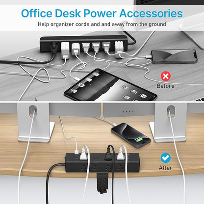 CCCEI Desk Outlet Station 45W USB C Port. 12 Outlet Desktop Clamp Power Strip Surge Protector 4800J with Switch. Nightstand Office Standing Desk Accessories, Fit Thicker Table Edge or Screw Mount, 4FT
