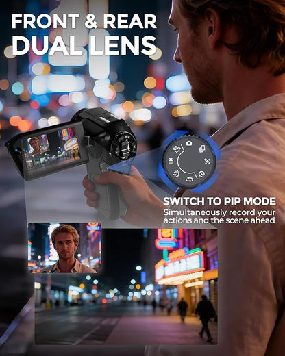 8K Video Camera 75MP Camcorder with WiFi Dual Lens Vlogging Camera for YouTube Rotation Screen Video Recorder with Microphone, Fill Light, Remote Control, mini Tripod, 2 Batteries, Charger
