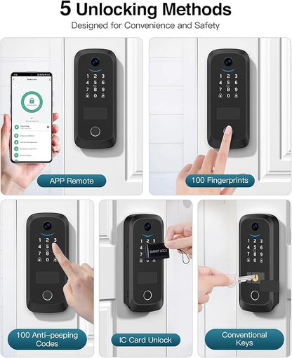 Video Smart Lock with Camera, Built-in Rechargeable Lithium Battery Entry Keyless Door Lock, App Control, Fingerprint ID, IC Card, Keypad Code, Auto Lock for Front Door (Black)