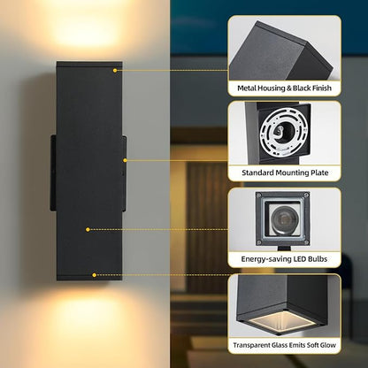 tewei LED Square Up and Down Lights Outdoor Wall Lights, Matte Black Exterior Lighting Fixtures with 7W LED Bulbs, Modern Outdoor Sconce Lights for House, Garage, Porch, Doorway, 2 Pack