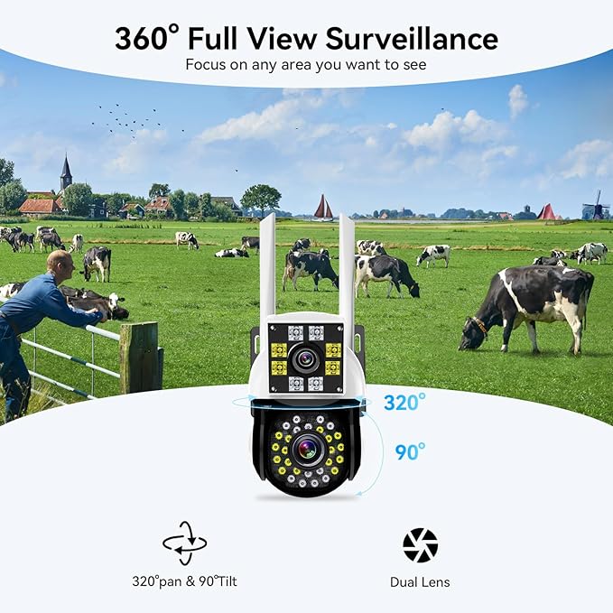 Dual Lens Indoor Security Camera - 2.4G WiFi, 360° PTZ Waterproof Camera, Battery Operated Camera for Home Indoor Seguridad Surveillance