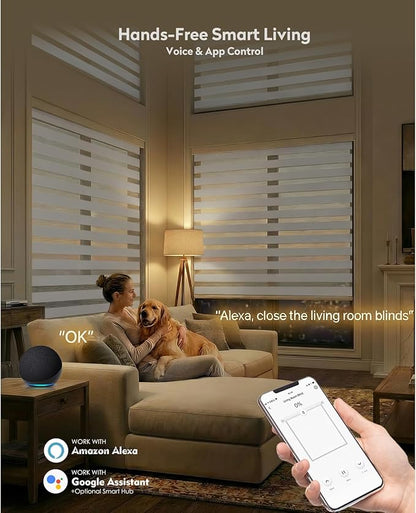 ACMEART Motorized Zebra Blinds,Smart APP & Remote Control 100% Blackout Shades,Compatible with Alexa,Custom Size Electric Window Blinds for Bedroom/Home/Office (Pearl White)