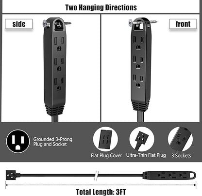 CABOCASA 3FT Ultra Flat Plug Extension Cord Power Strip with 3 Outlets, Patented Detachable Ultra-Thin Outlet Cover Concealer & Ultra-Flat Plug, Max. 13A 125V 1625W ETL Listed, Black Color