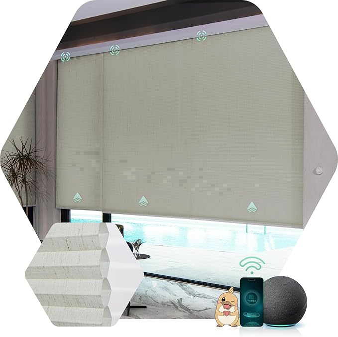 Yoolax Motorized Cellular Shades Compatible with Alexa, Light Filtering Motorized Blinds with Remote Smart Honeycomb Shades for Indoor Windows, Automatic Blinds Custom Size (Linen Beige)