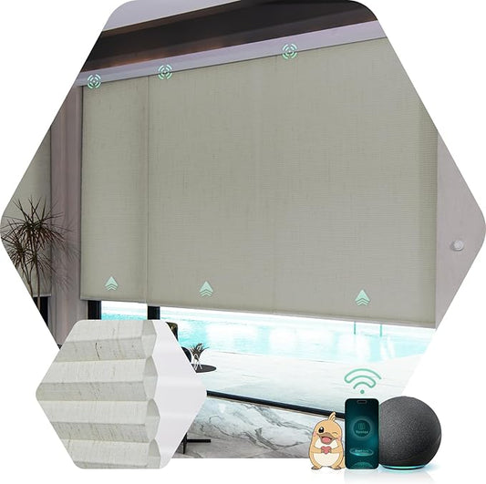 Yoolax Motorized Cellular Shades Compatible with Alexa, Light Filtering Motorized Blinds with Remote Smart Honeycomb Shades for Indoor Windows, Automatic Blinds Custom Size (Linen Beige)