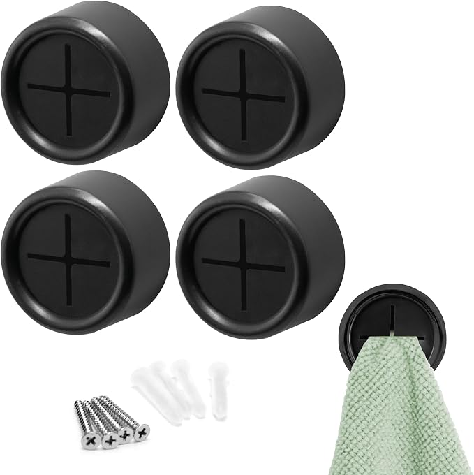 S&T INC. Adhesive Push Towel Hooks, 4 Pack, Matte Black | 2 Installation Options, Round Hooks for Kitchen, Bathroom, Garage and Home Use, Organization Hooks, Strong Grip