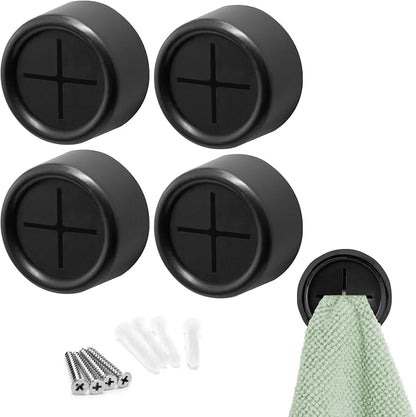 S&T INC. Adhesive Push Towel Hooks, 4 Pack, Matte Black | 2 Installation Options, Round Hooks for Kitchen, Bathroom, Garage and Home Use, Organization Hooks, Strong Grip