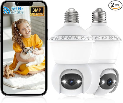 Smart Light Bulb Security Camera,5G&2.4G Security Cameras Wireless Outdoor,2K Light Bulb Camera, 360° Camera for Home Security,AI Detection,Smart Night Vision, Two-Way Audio (White 2 Packs)