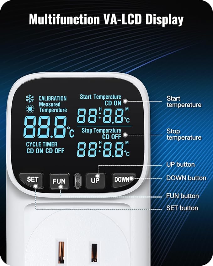 Digital Temperature Controller Outlet, 15A/1800W Heavy Duty Thermostat Plug, VA LCD Display, Heating/Cooling Control, -40°F~210°F, 4 Timer Modes, for Greenhouse Incubator Homebrew W02TC06