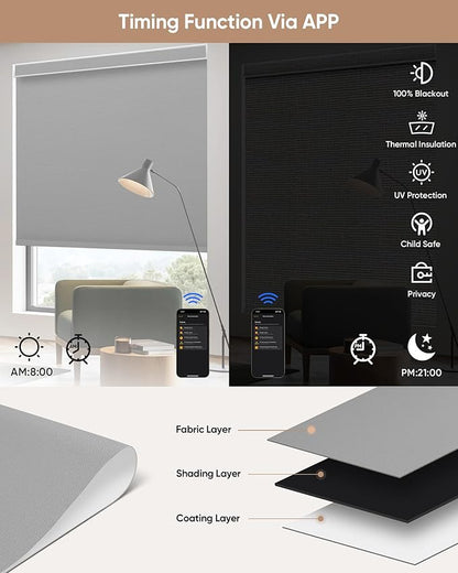 Motorized Blinds with Remote: Kincmo 100% Blackout Roller Shades Work with Apple Homekit,Alexa,Google Home, Customized Electric Blinds with App,Voice Control (100% Blackout Pure Grey)