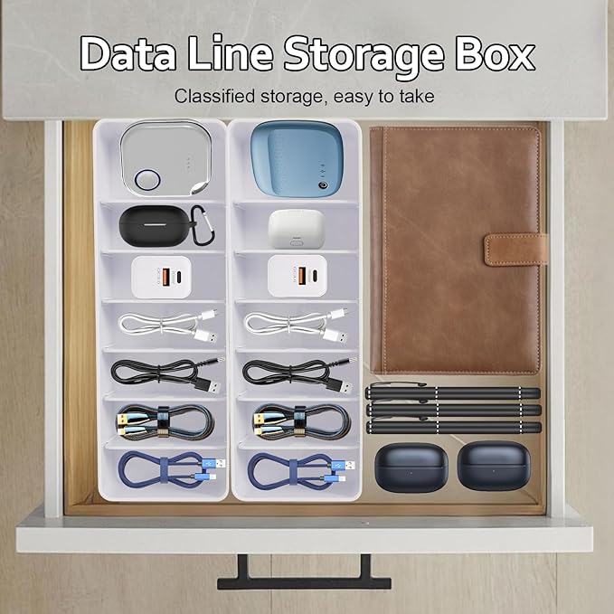 Cable Organizer Storage Box with 7 Wire Ties,Power Cord Organizer with 7 Compartments for Office,Home,Desk Accessories Storage Stationery Supplies (small size)