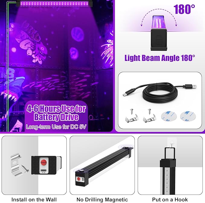 Rechargeable Black Light Bar 4 Packs, Battery Powered Black Lights for Glow Party, Cordless UV Strip Lights with On/Off/Dimma/Flash Switch, for Neon,Uranium Glass, Classroom,Paint, Poster,Stage