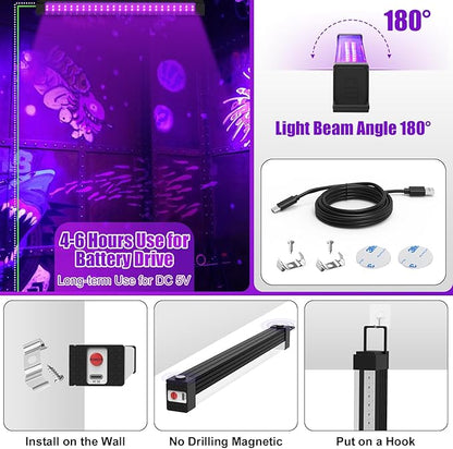 Rechargeable Black Light Bar 4 Packs, Battery Powered Black Lights for Glow Party, Cordless UV Strip Lights with On/Off/Dimma/Flash Switch, for Neon,Uranium Glass, Classroom,Paint, Poster,Stage