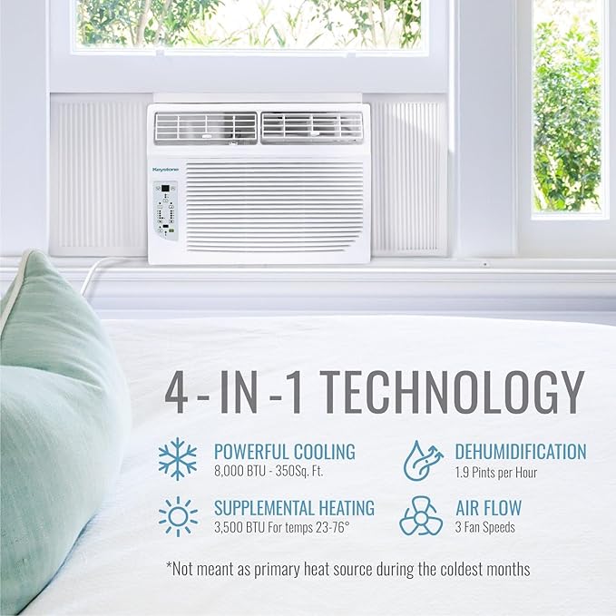 Keystone 8,000 BTU Window Air Conditioner with 3,500 BTU Supplemental Heating, 115V, Window AC Unit with Supplemental Heat for Bedroom, Living Room, Small-Medium Rooms up to 350 Sq.Ft.