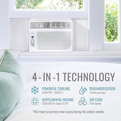 Keystone 8,000 BTU Window Air Conditioner with 3,500 BTU Supplemental Heating, 115V, Window AC Unit with Supplemental Heat for Bedroom, Living Room, Small-Medium Rooms up to 350 Sq.Ft.