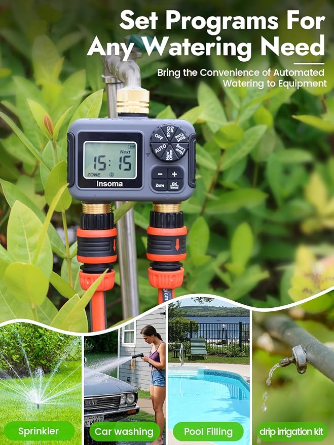 Insoma Water Timer 2 Zone, Programmable Irrigation Sprinkler Timer for Garden Hose, Outdoor Hose Faucet Timers with Rain Delay/Manual/Auto Modes, IPX5 Waterproof for Drip System & Lawn
