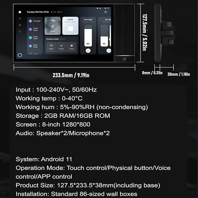 GOWENIC Smart Home Control Panel, 8 Inch Touch Screen with Voice Control and, for Tuya Smart Life App, Wall Mounted Central Controller
