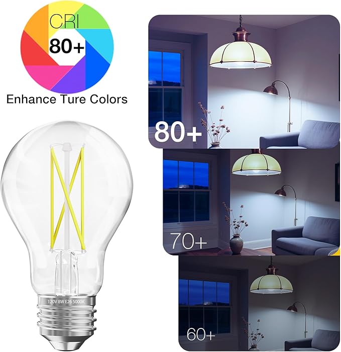 DAYBETTER 24 Pack A19 Vintage LED Edison Bulbs, 60W Equivalent Dimmable LED Bulbs, High Brightness 5000K Daylight, 800 Lumens, 8W E26 Standard Base, Ultra-Bright, CRI80+, Clear Glass Filament Bulb