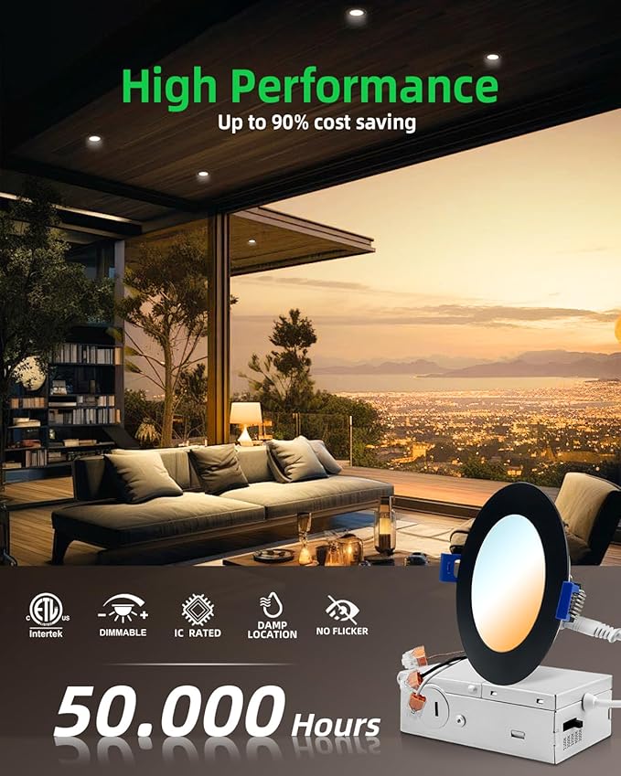 zouzai 4 Inch Black 5CCT Reset Ultra-Thin LED Recessed Ceiling Light with Junction Box, 2700K/3000K/3500K/4000K/5000K Selectable, 9W, Dimmable-ETL and Energy Star Certified【6 Pack 】