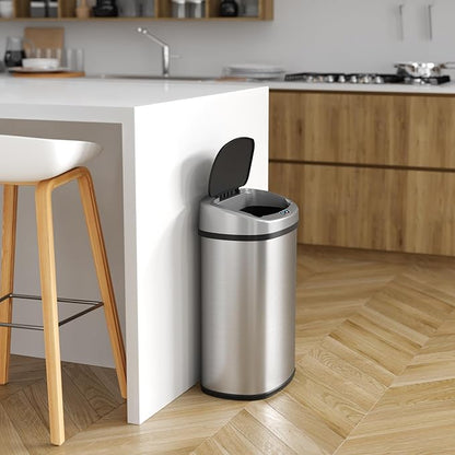 SensorCan 50 Liter / 13 Gallon Kitchen Trash Can with AC Adapter & Odor Filter Kit – Motion Sensor Stainless Steel Garbage Bin for Home, Office, Garage – Slim Oval Shape, Large Capacity Design