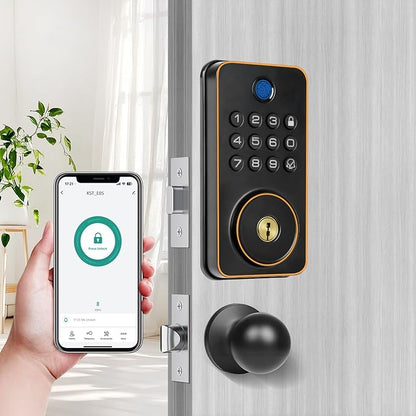 Fingerprint Door Lock with Handle Set,Electronic Keypad Deadbolt with 2 Knobs,APP,Auto Lock,100 User Codes,One Time Code,Voice Prompts,Anti-Peeking Password,Home, Apartment,Satin Nickel