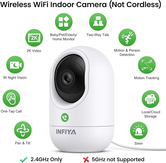 INFIYA 2K Indoor Camera-360° Pan/Tilt Baby/Elderly/Pet Camera with One-Tap Call & 24/7 Local Storage, Cameras for Home Security Works with Alexa/Google Home, K7-4 Pack (2.4GHz Wi-Fi Only)
