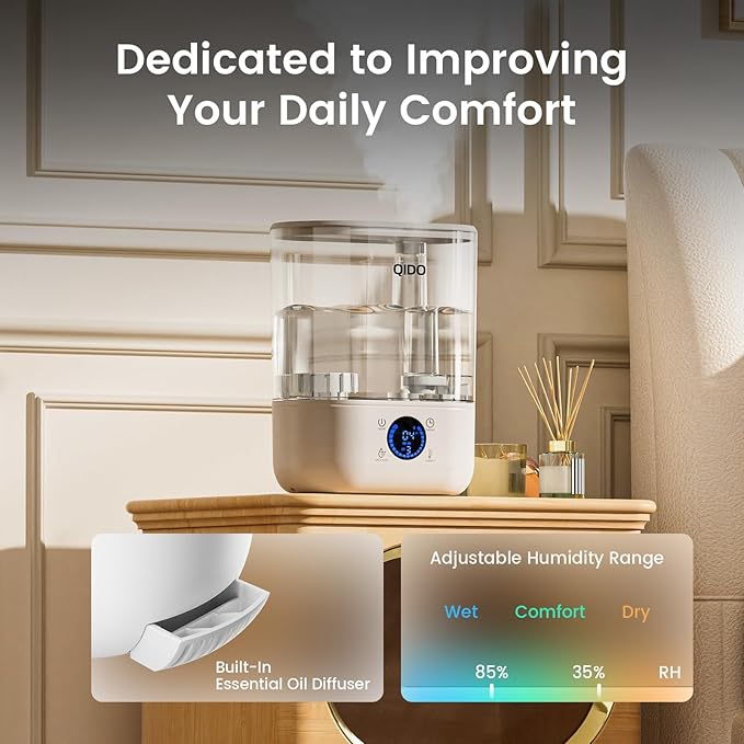 COMHOMA Top Fill Humidifiers for Bedroom, 5L Tank for Large Room, Easy to Fill & Clean, 28dB Quiet Cool Mist Air Humidifier for Home Baby Nursery & Plants, Touch/APP/7-color Nightlight, 36H, White
