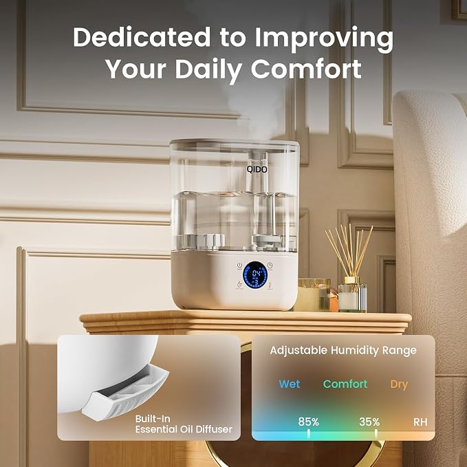 COMHOMA Humidifiers for Bedroom, 5L Top Fill for Large Room, 36H Runtime, 28 dB Quiet Cool Mist Air Humidifier for Baby Nursery, Plants, Indoor, APP/7-color Nightlight,Easy to Clean & Fill,Light White