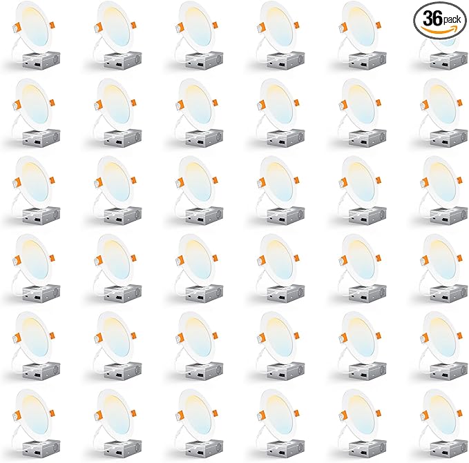 CHARKEE 36 Pack 6 Inch 5CCT Ultra-Thin LED Recessed Ceiling Light with Junction Box, 2700K-5000K, 1050LM High Brightness, Dimmable Canless Wafer Downlight,12W Eqv 110W, ETL & Energy Star & FCC